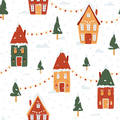 Obraz na płótnie Canvas Christmas snowy village, cute houses, fur-trees, street decorated with light bulbs. Bright city in red, green, yellow colors. Seamless pattern with winter festive landscape and snowfall.