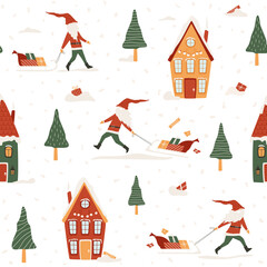 Obraz premium Funny Christmas gnome running with sleigh and scatters gifts in winter village. Humorous seamless pattern with happy dwarf in Santa costume, delivers gifts to cozy fairy-tale homes. Cute snowy houses