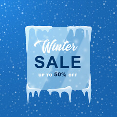 Winter sale banner. Frosted glass transparent plate in the snow on the background of falling snowflakes.