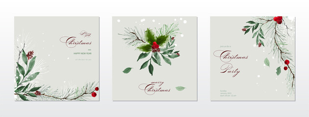 Merry Christmas square cards watercolor collection - obrazy, fototapety, plakaty