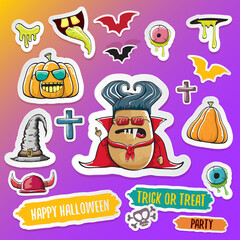 Vector halloween sticker icons set with dracula, witch hat, scary pumpkin, bat , skull, happy halloween text, demon and zombie eyes, wooden cemetry cross, monsters isolated on violet background.
