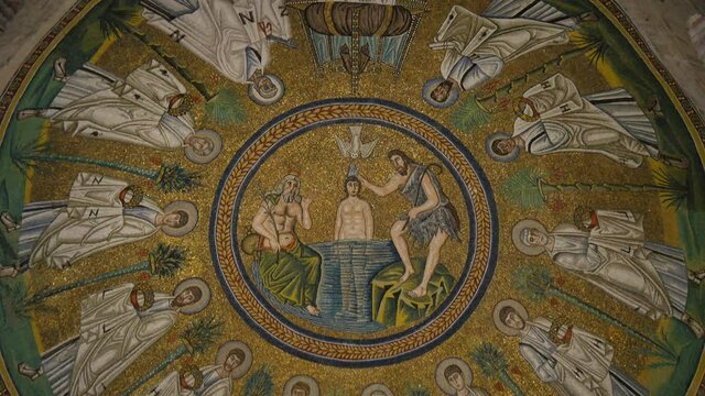  Ravenna, Italy, JUNE ,5, 2016. Descending view of mosaic in Arian Baptistery in splendid orthodox art. 