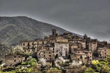 Fototapeta na wymiar The ancient village of Scanno and the blossoming trees in spring