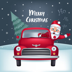 3D Realistic Santa Claus in retro red pickup truck car. Merry Christmas greeting card. Vector illustration in cartoon style