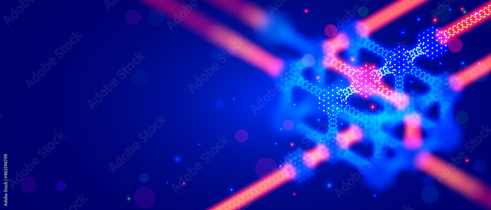 Leinwandbilder Block chain technology in the form of digital cubes connected to the network. Data blocks in cyberspace. Fintech computer isometric conceptual background. Blockchain network abstract illustration.