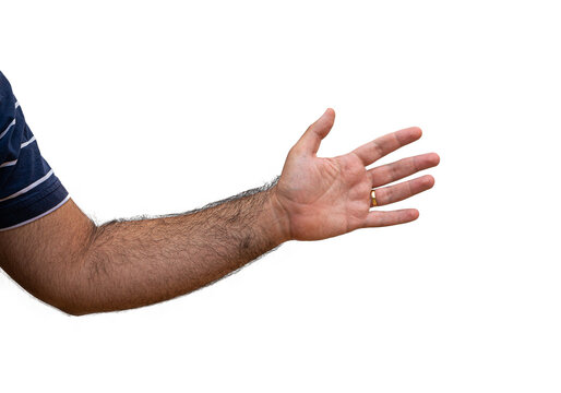 male hairy arm outstretched with open palm wearing wedding ring isolated on white background