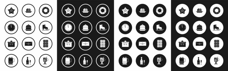 Fototapeta premium Set Christmas wreath, Cake, Clock, star, Figure skates, Marzipan sponge cake, Chocolate bar and Gift box icon. Vector