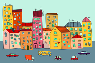 Cute cartoon city with multistory buildings. Card. Vector illustration.