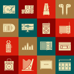 Set Drum with drum sticks, VHS video cassette tape, Radio antenna, Metronome pendulum in motion, Sound or audio recorder monitor, Vinyl disk, player vinyl and Music MP3 icon. Vector