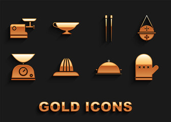 Set Citrus fruit juicer, Ball tea strainer, Oven glove, Covered with tray of food, Scales, Food chopsticks, Kitchen meat grinder and Sauce boat icon. Vector
