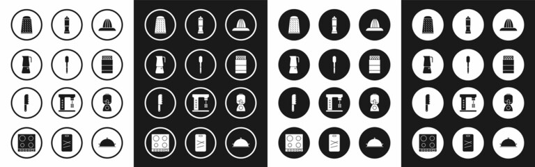 Set Citrus fruit juicer, Spoon, Moka pot, Grater, Open matchbox and matches, Pepper, Blender and Bread knife icon. Vector