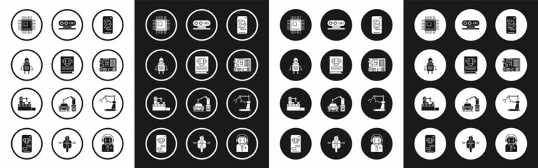 Set Algorithm, Electronic computer components motherboard digital chip, 3d scanning system, Industrial machine robotic robot arm hand factory and Factory conveyor belt icon. Vector