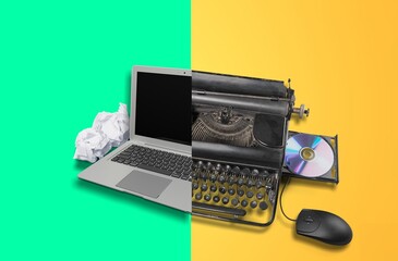 Old vs new technology. Modern computer and typewriter