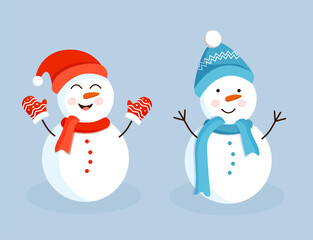 Set of funny snowmen in a hat, scarf for postcards, posters, banners. Vector illustration of Merry Christmas and New Year.