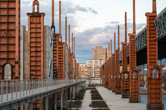 Turin, Italy, March 31, 2013: View of parco Dora park in Turin with the old industrial ruin