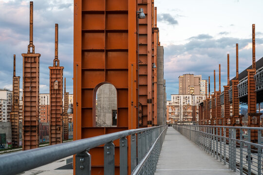 Turin, Italy, March 31, 2013: View of parco Dora park in Turin with the old industrial ruin