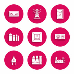 Set Electrical outlet, Power station plant and factory, plug, Battery, cabinet and icon. Vector