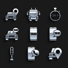 Set Taxi call telephone service, Map pointer with taxi, Traffic light, car, Stopwatch 24 hours and icon. Vector
