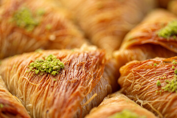 Close up of Turkish Baklava dessert with honey and nuts