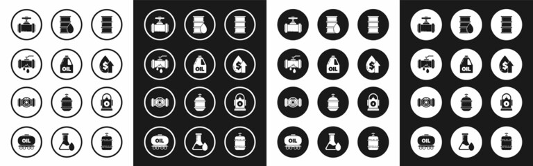 Fototapeta premium Set Barrel oil, Canister for motor machine, Broken metal pipe with leaking water, Industry metallic pipes and valve, Oil price increase, Petrol Gas station and icon. Vector