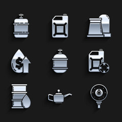 Set Propane gas tank, Canister for motor machine oil, Motor gauge, Antifreeze canister, Barrel, Oil price increase, and industrial factory building and icon. Vector