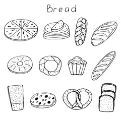 Bread set vector illustration, hand drawing doodles