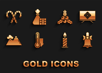 Set Meteorology thermometer measuring, ringing bell, Burning candle candlestick, Mountains, Branch viburnum guelder rose, candy cane with stripes and Gift box bag icon. Vector