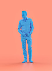 A young male person standing, blue color monochrome person model, single color person, 3d Rendering