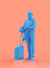 A young male person waiting with suitcase, blue color monochrome person model, single color person, 3d Rendering