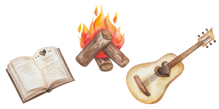 Watercolor illustration hand painted open book, guitar with heart and strings, red orange fire on logs isolated on white. Camping clip art design elements for picnic, cozy autumn postcards, posters