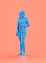 A young woman standing, blue color monochrome person model, single color person, 3d Rendering