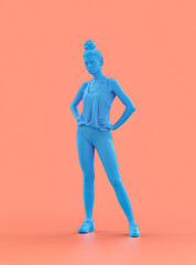 A young woman standing, blue color monochrome person model, single color person, 3d Rendering