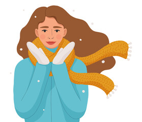 Cute girl in warm jacket, scarf and gloves. Happy winter holidays. Vector illustration.