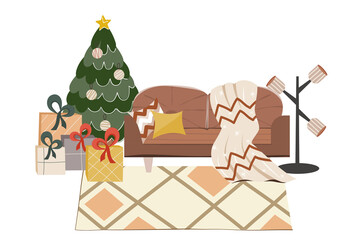 Isolated scandinavian christmas interior with sofa, fir tree.Cozy sofa with pillows and a blanket for winter evenings. Carpet and gifts under the tree. Vector illustration