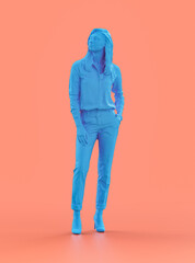 Fototapeta premium A young woman standing, blue color monochrome person model, single color person, 3d Rendering
