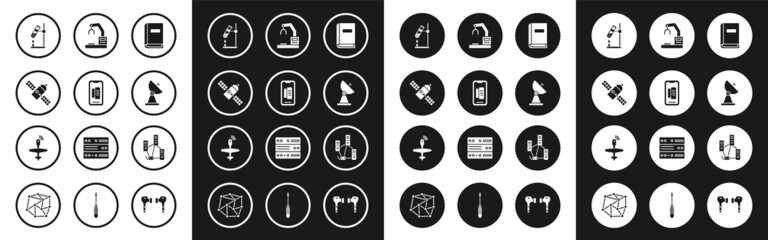 Set User manual, Smartphone, mobile phone, Satellite, Test tube flask fire, Radar, Robotic robot arm hand factory, Computer network and UAV Drone icon. Vector
