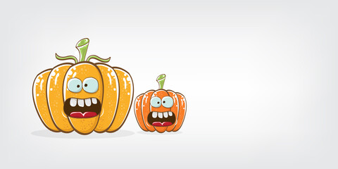 Funky Halloween or thanksgiving day horizontal banner with vector funny cartoon cute smiling friends pumpkins isolated on grey background.