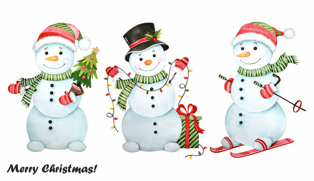 Christmas snowmen on a white background. Cute cartoon snowmen with a Christmas tree, gifts. Watercolor illustration.