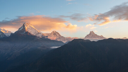 Fototapeta na wymiar View of Annapurna mountain range from Poon Hill on sunrise. It's the famous view point in Gorepani village in Annapurna conservation area, Nepal.