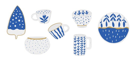 Blue ceramics vector hand drawn. Modern kitchenware. Crockery trendy porcelain.