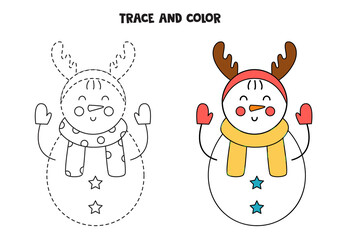 Trace and color cute snowman. Worksheet for kids.