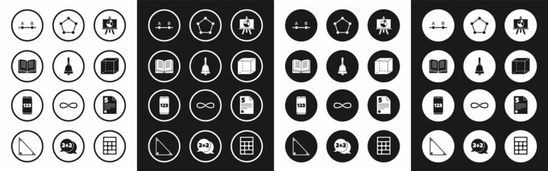 Set Chalkboard with diagram, Ringing bell, Open book, Graph, schedule, chart,, Geometric figure Cube, Pentagonal prism, Test or exam sheet and Mobile calculator interface icon. Vector