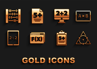 Set Function mathematical symbol, Chalkboard, Triangle, Test or exam sheet, Tablet with calculator, Equation solution, Abacus and icon. Vector