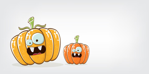 Funky Halloween or thanksgiving day horizontal banner with vector funny cartoon cute smiling friends pumpkins isolated on grey background.