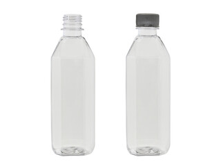 A set of two empty plastic bottles. One is open, the other is closed with a lid. Isolated on a white background