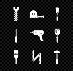 Set Metallic screw, Roulette construction, Putty knife, Paint brush, Folding ruler, Hammer, Screwdriver and Electric drill machine icon. Vector