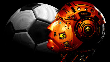 Detailed appearance of the Orange AI Robot and Soccer Ball. 3D sketch design and illustration. 3D high quality rendering.