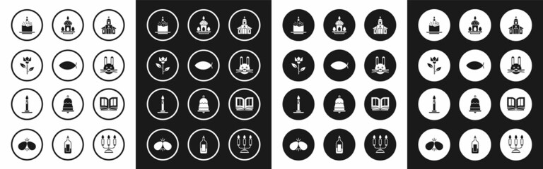 Set Church building, Christian fish, Flower tulip, Easter cake and candle, rabbit, eggs, Holy bible book and Burning candlestick icon. Vector