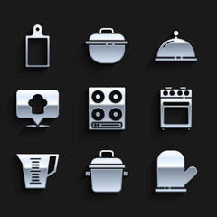 Set Gas stove, Cooking pot, Oven glove, Measuring cup, Chef hat with location, Covered tray of food and Cutting board icon. Vector