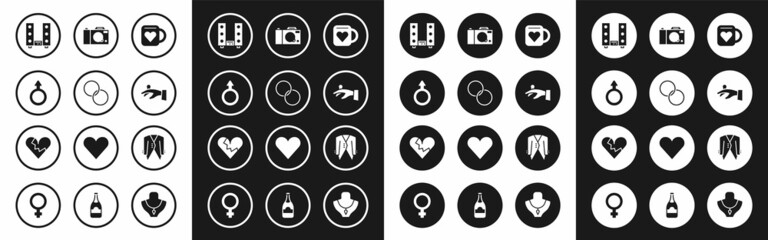 Set Coffee cup and heart, Wedding rings, Male gender symbol, Home stereo with two speakers, on hand, Photo camera, Suit and Broken or divorce icon. Vector